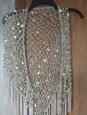 Source Unknown Beige Crochet Sequin Fringe Shawl